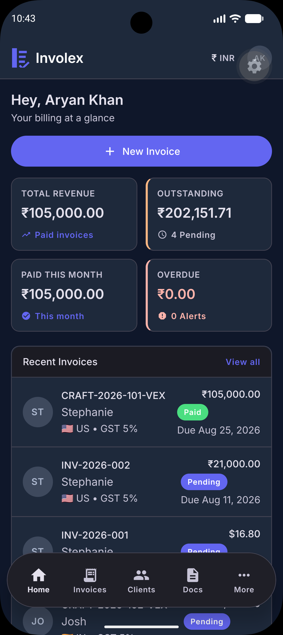 Involex home dashboard showing revenue, outstanding balances, and recent invoices